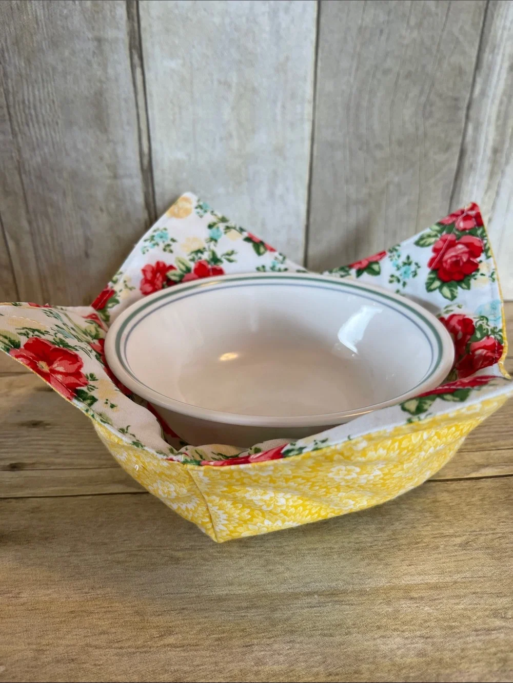 Microwave Bowl Cozy Reversible With Yellow Pioneer Woman Cotton Fabric Flowers